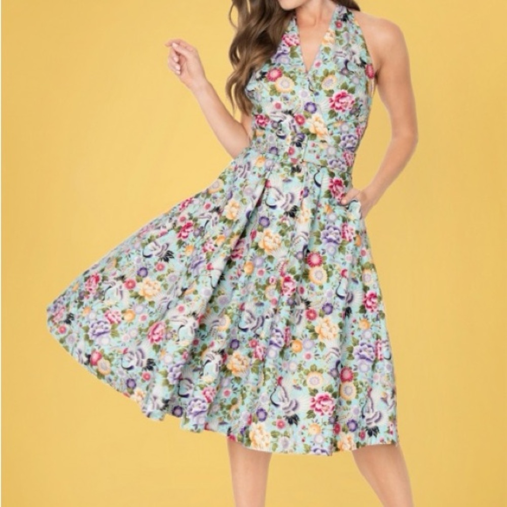 Unique Vintage Floral Halter Neck Dress